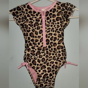 Cat & Jack fashion swimsuit cheetah print pink zipper and snaps sidegathers bows